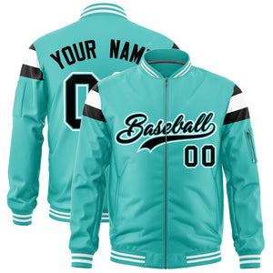 Custom Bright Green Black-White Varsity Full-Zip Shoulder Color Block Letterman Bomber Jacket