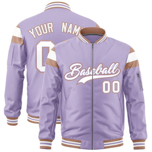 Custom Light Purple Coffee Brown-White Varsity Full-Zip Shoulder Color Block Letterman Bomber Jacket