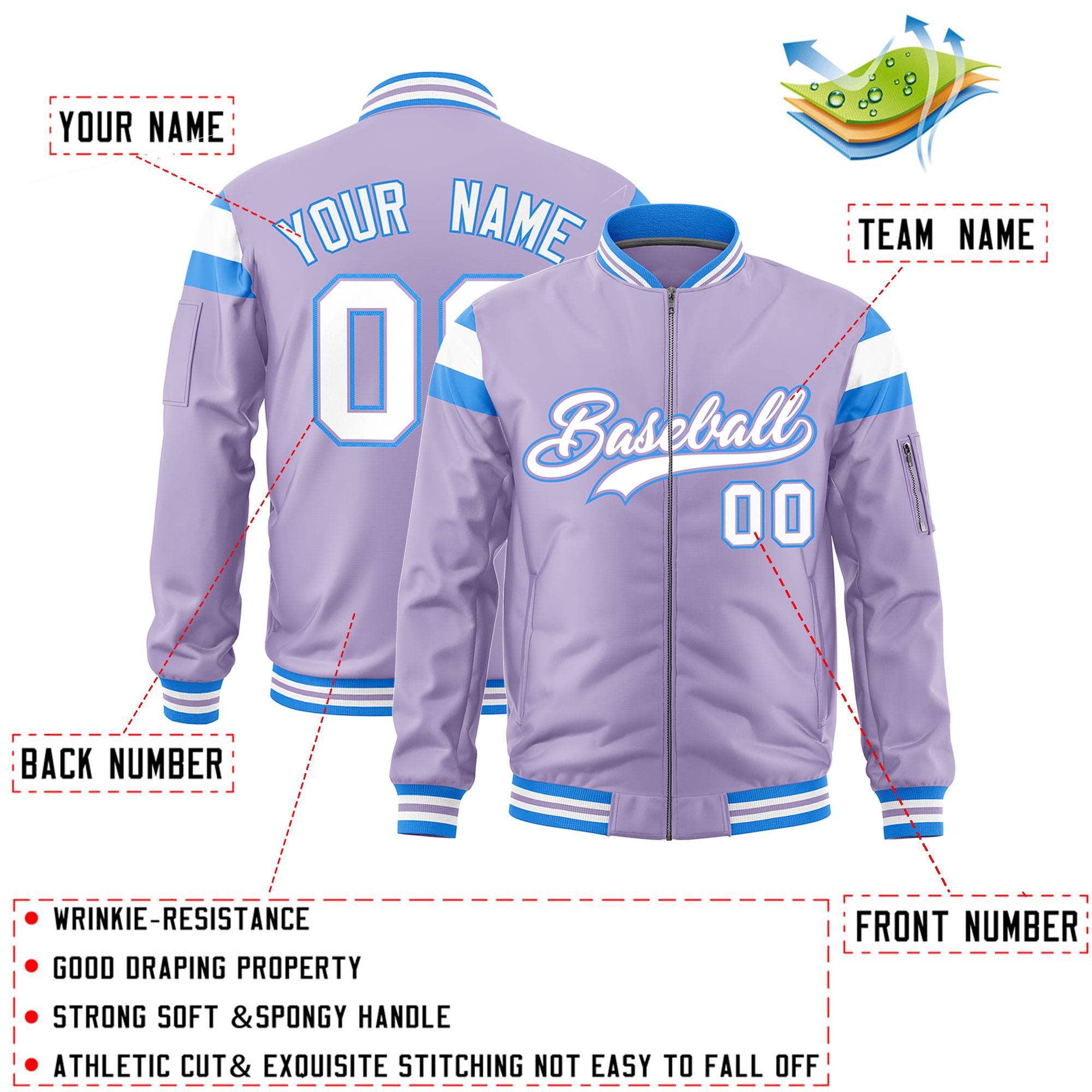 Custom Light Purple Powder Blue-White Varsity Full-Zip Shoulder Color Block Letterman Bomber Jacket