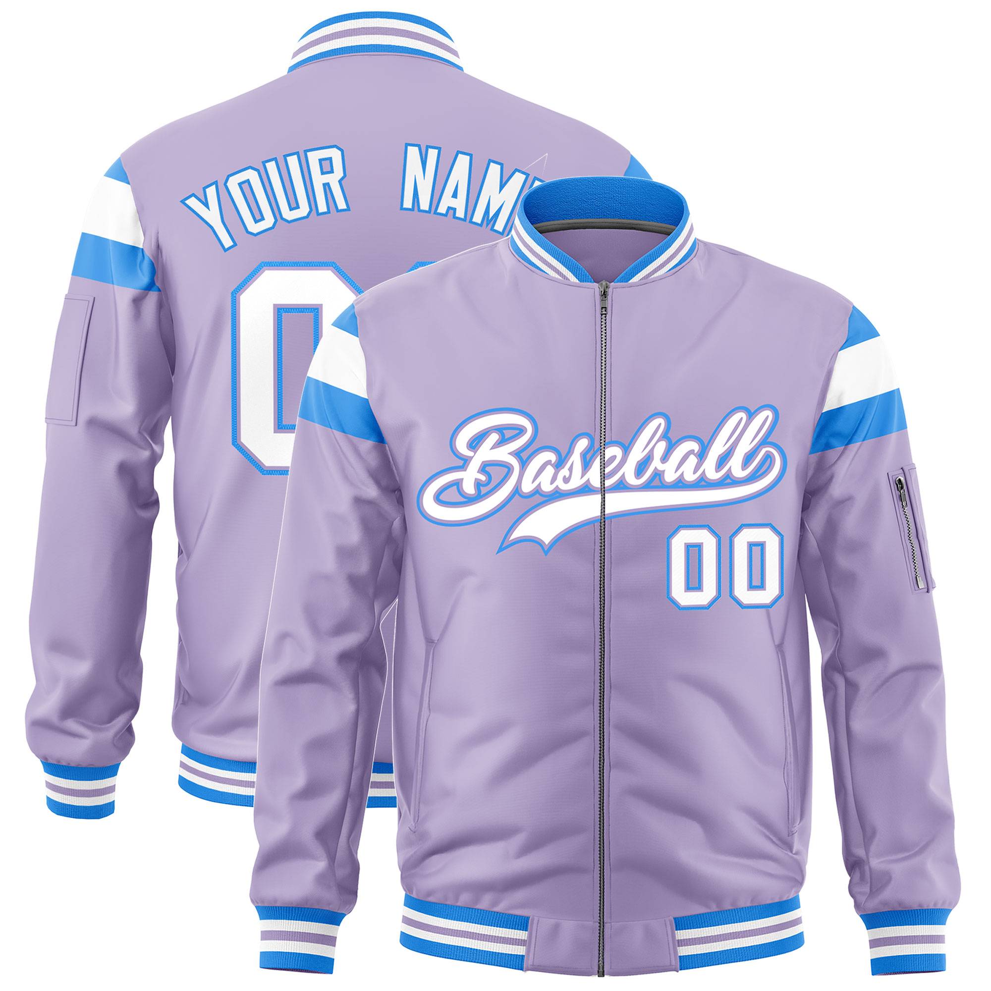 Custom Light Purple Powder Blue-White Varsity Full-Zip Shoulder Color Block Letterman Bomber Jacket