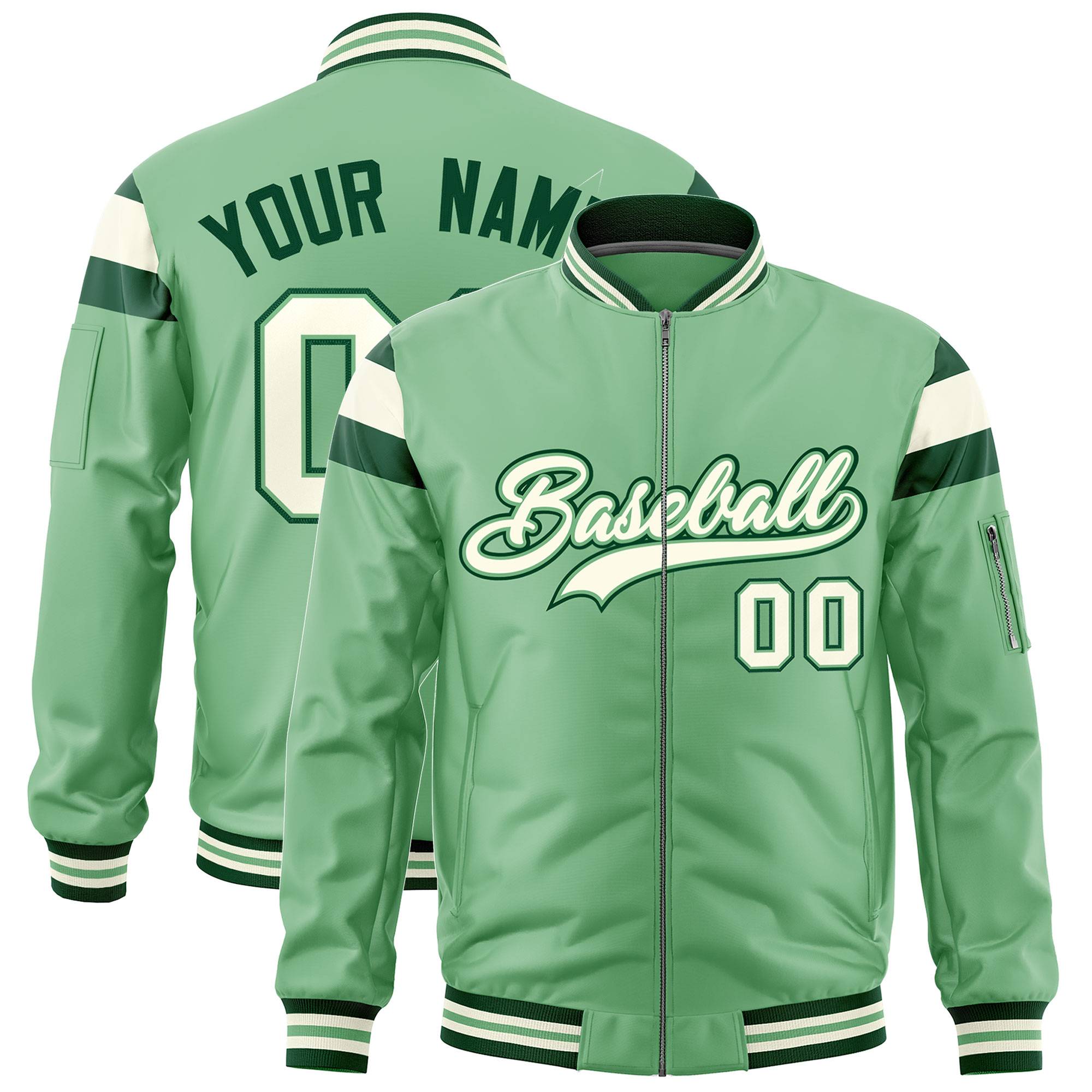 Custom Light Green Green-Cream Varsity Full-Zip Shoulder Color Block Letterman Bomber Jacket