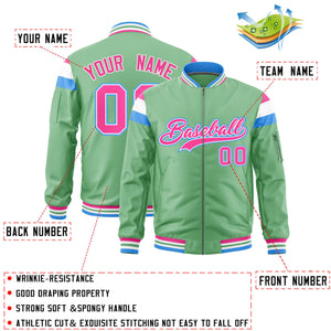 Custom Light Green Pink-White Varsity Full-Zip Shoulder Color Block Letterman Bomber Jacket