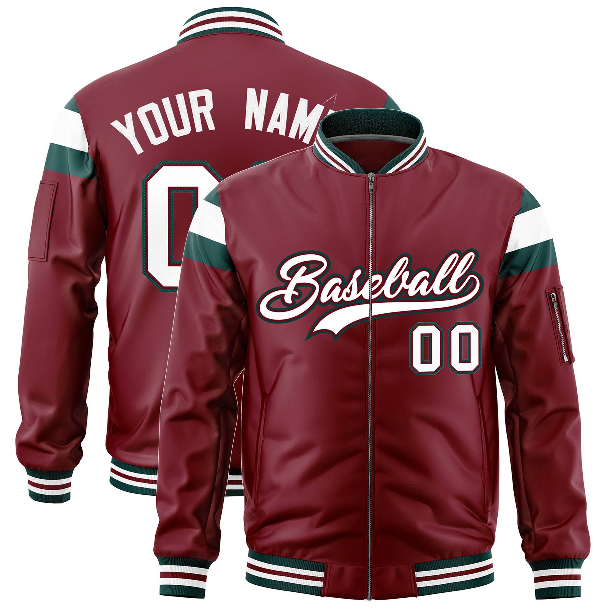 Custom Crimson Midnight Green-White Varsity Full-Zip Shoulder Color Block Letterman Bomber Jacket