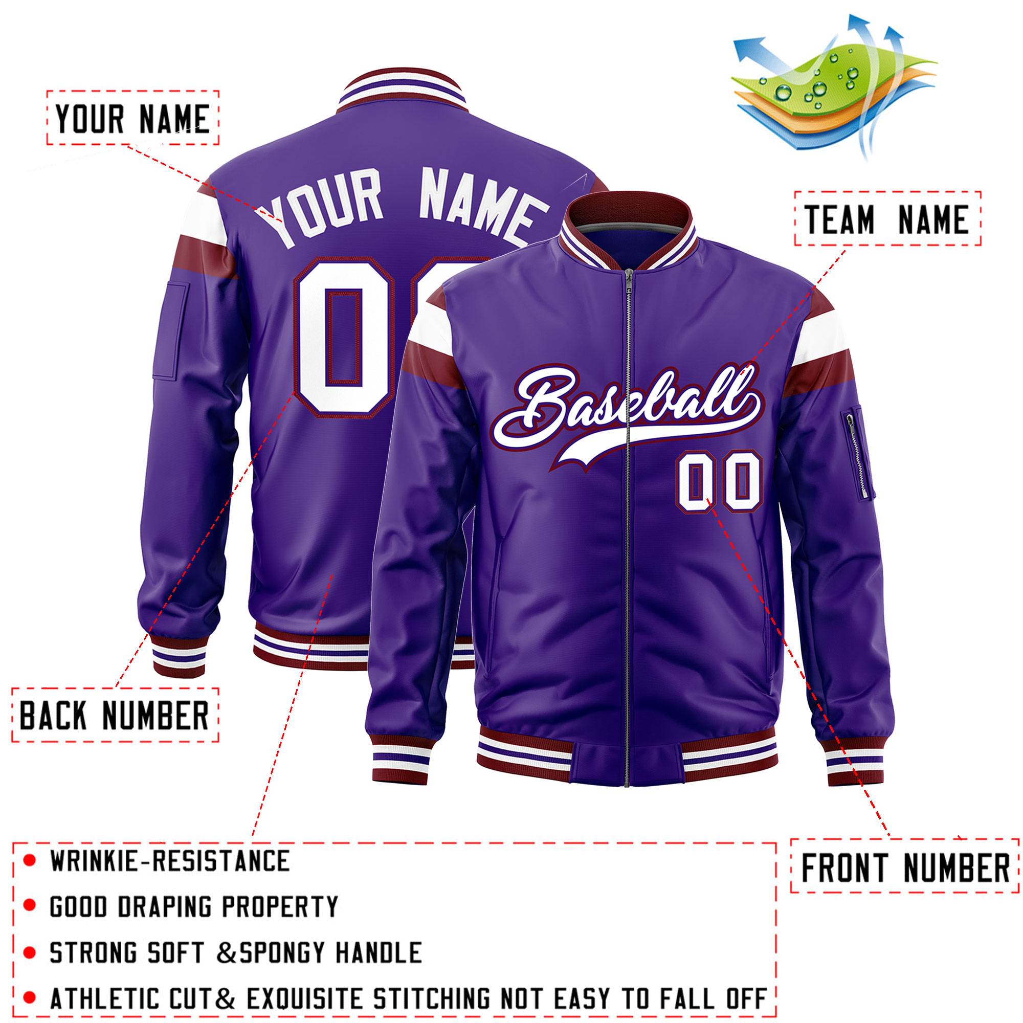 Custom Purple Crimson-White Varsity Full-Zip Shoulder Color Block Letterman Bomber Jacket