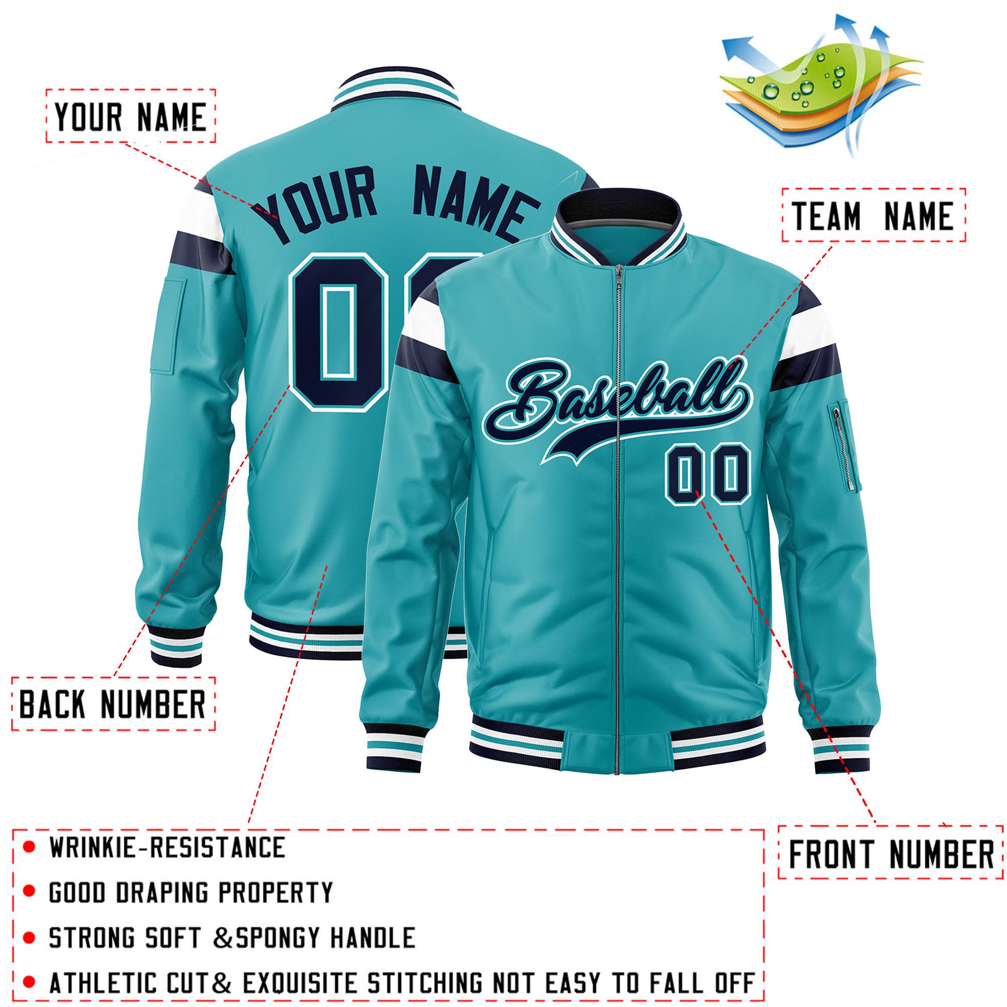 Custom Aqua Navy-White Varsity Full-Zip Shoulder Color Block Letterman Bomber Jacket