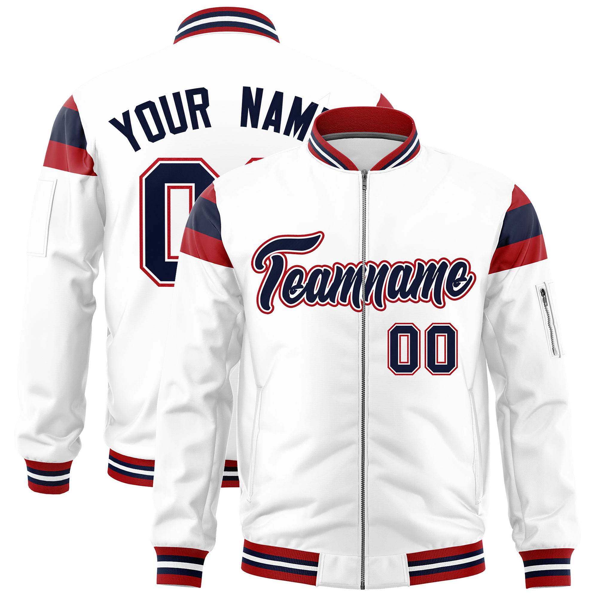 Custom White Red-Navy Varsity Full-Zip Shoulder Color Block Letterman Bomber Jacket