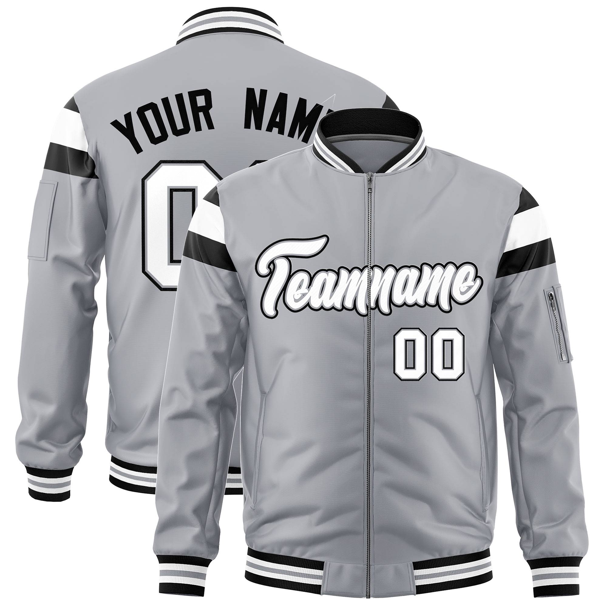 Custom Silver Black-White Varsity Full-Zip Shoulder Color Block Letterman Bomber Jacket