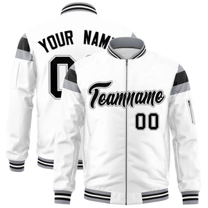 Custom White Silver-Black Varsity Full-Zip Shoulder Color Block Letterman Bomber Jacket