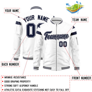 Custom White Navy Varsity Full-Zip Shoulder Color Block Letterman Bomber Jacket