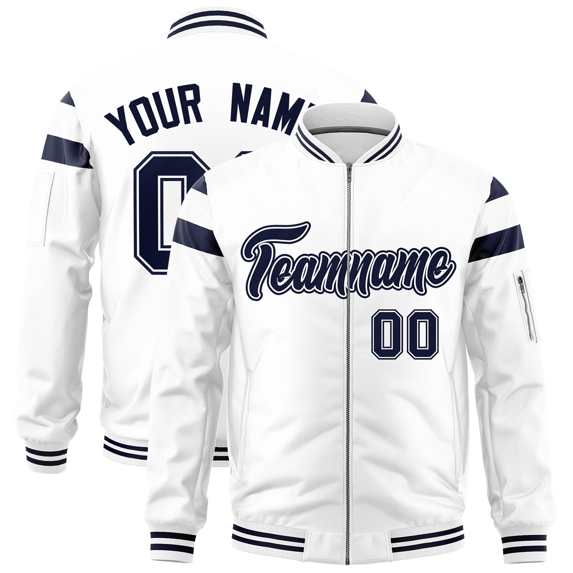 Custom White Navy Varsity Full-Zip Shoulder Color Block Letterman Bomber Jacket