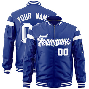 Custom Royal White Varsity Full-Zip Shoulder Color Block Letterman Bomber Jacket