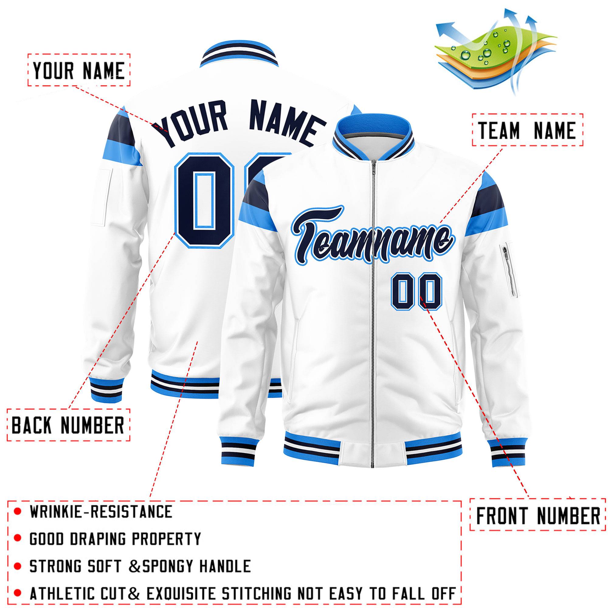 Custom White Powder Blue-Navy Varsity Full-Zip Shoulder Color Block Letterman Bomber Jacket