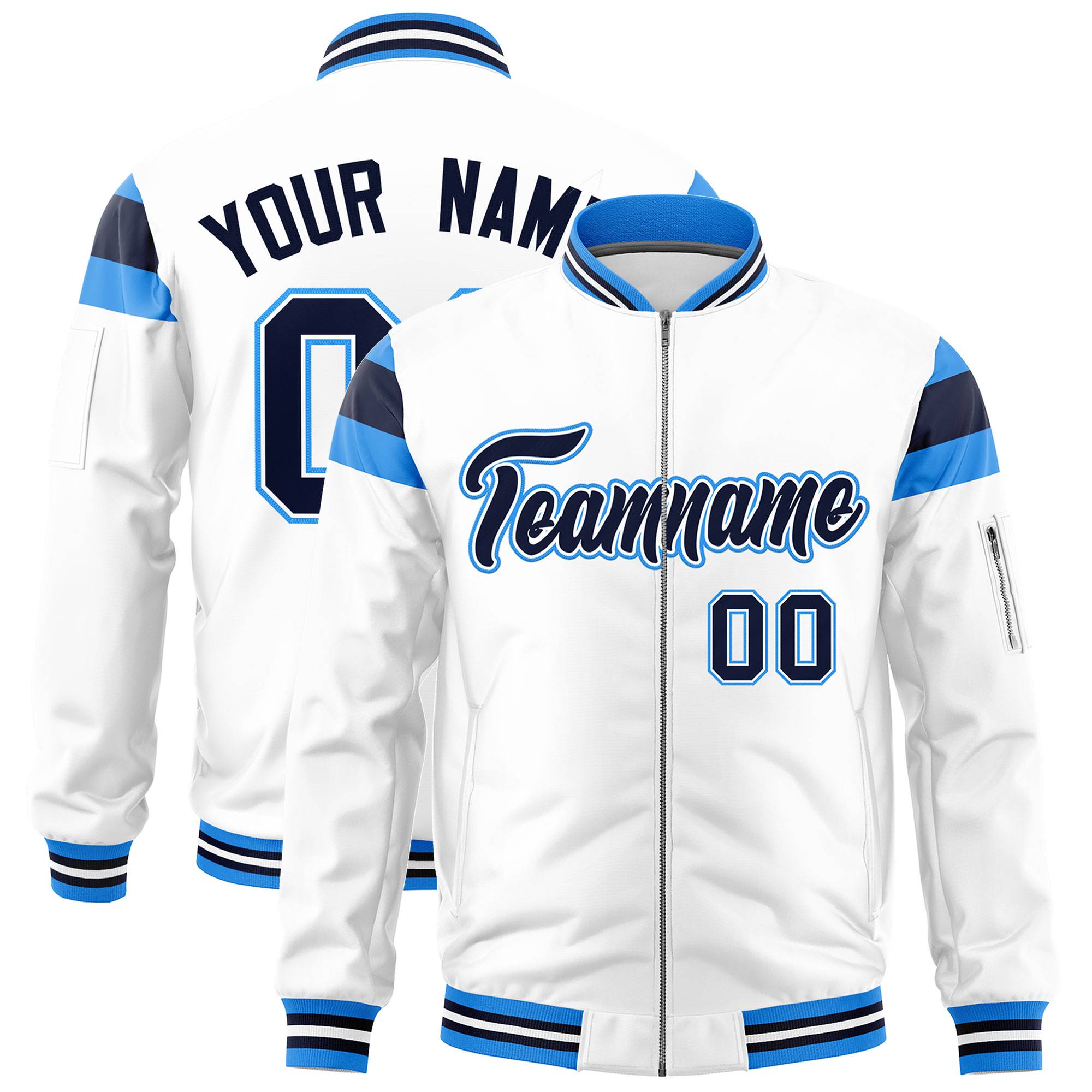 Custom White Powder Blue-Navy Varsity Full-Zip Shoulder Color Block Letterman Bomber Jacket