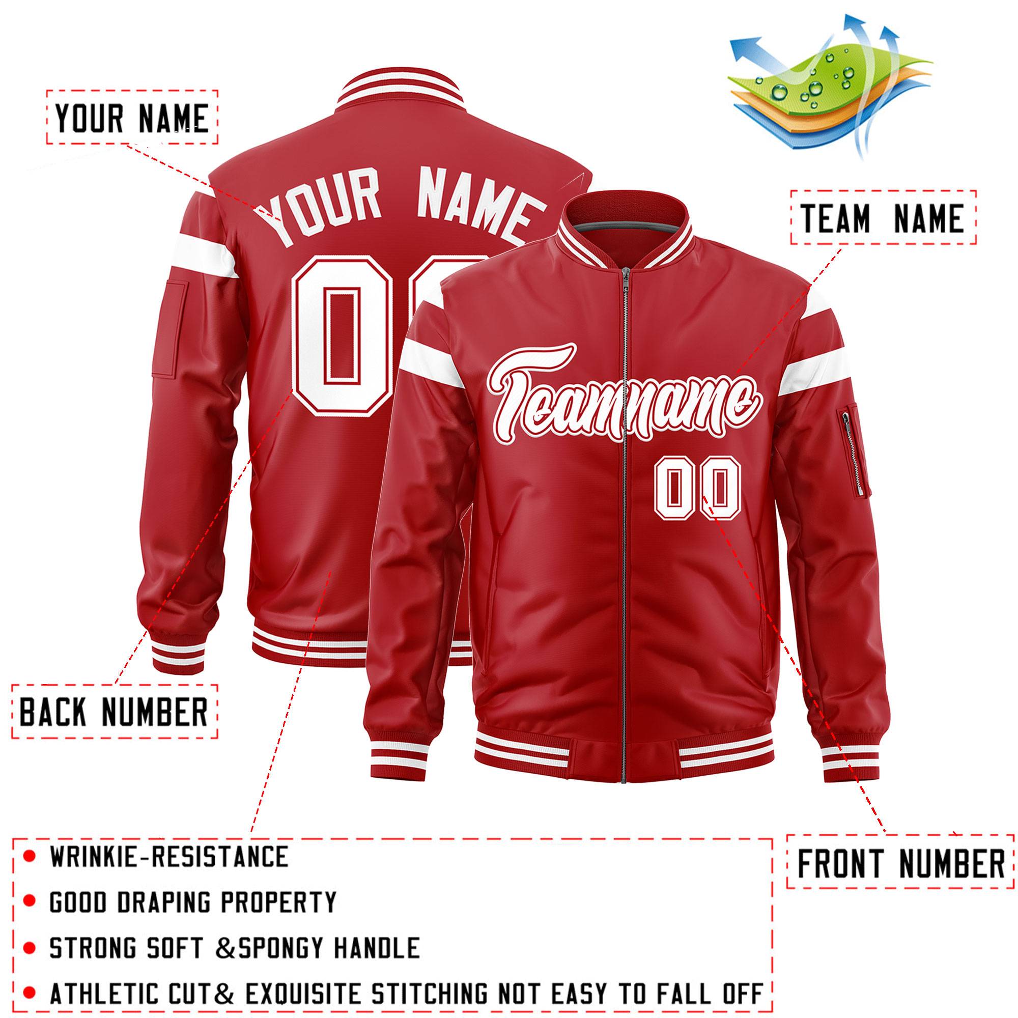 Custom Red White Varsity Full-Zip Shoulder Color Block Letterman Bomber Jacket