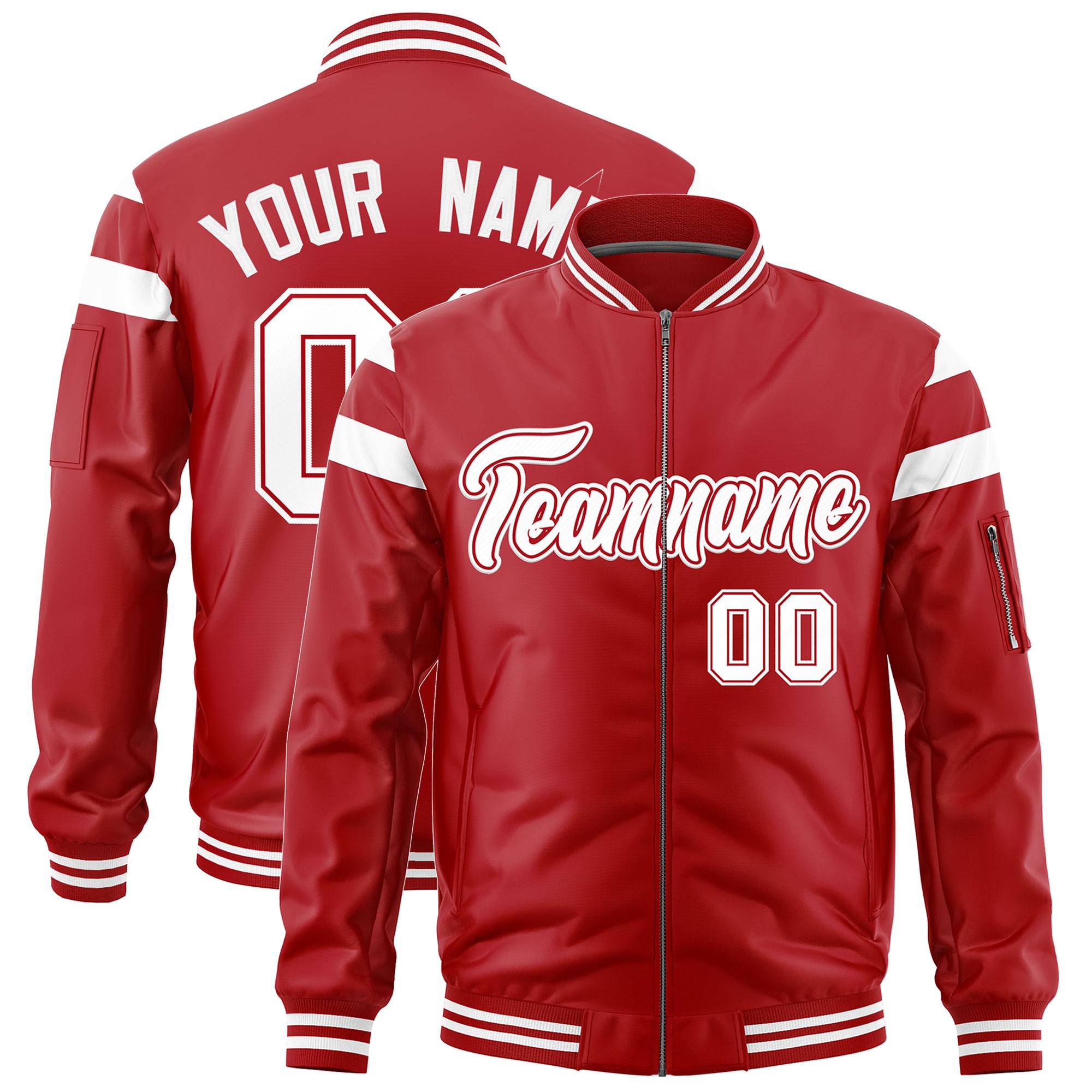 Custom Red White Varsity Full-Zip Shoulder Color Block Letterman Bomber Jacket