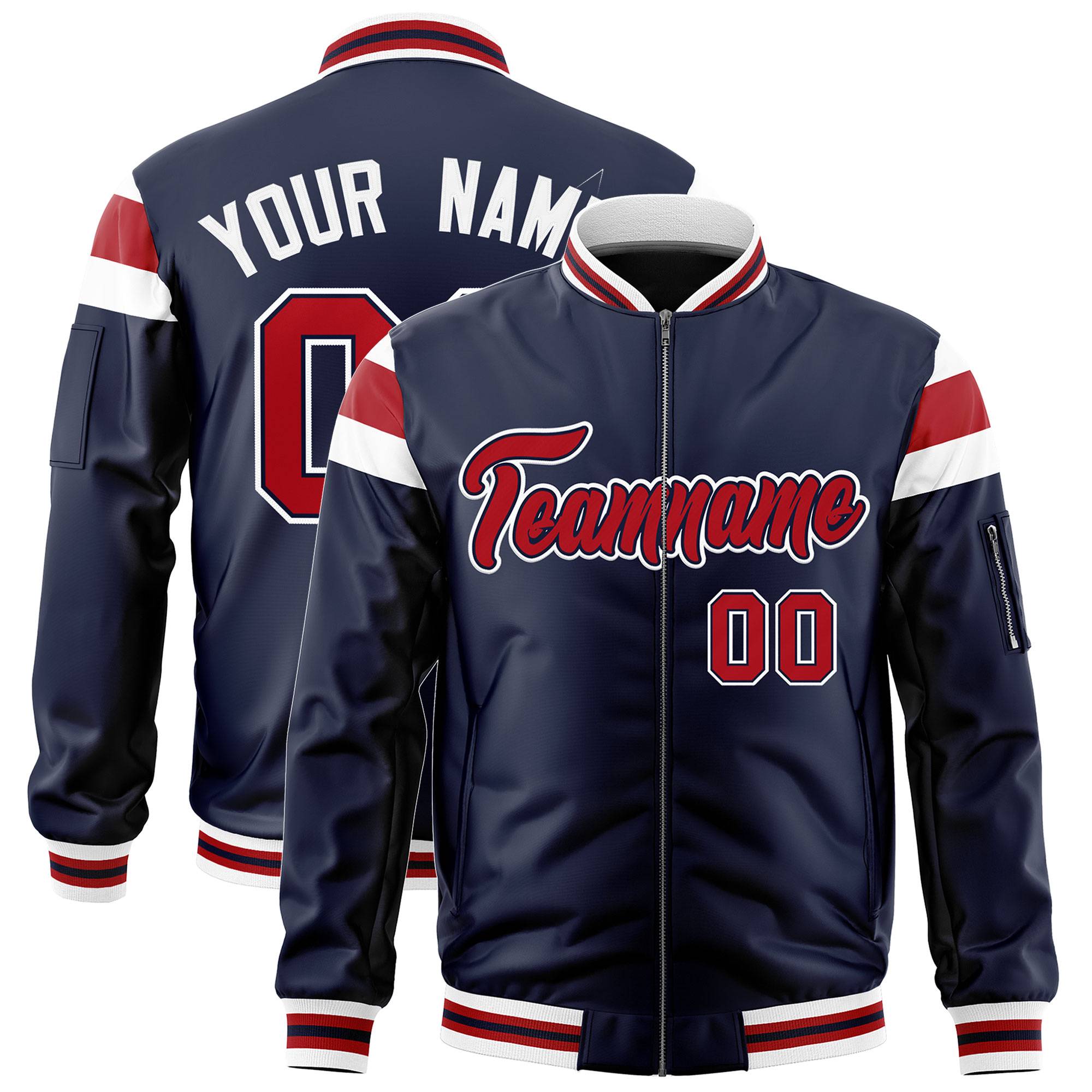 Custom Navy White-Red Varsity Full-Zip Shoulder Color Block Letterman Bomber Jacket