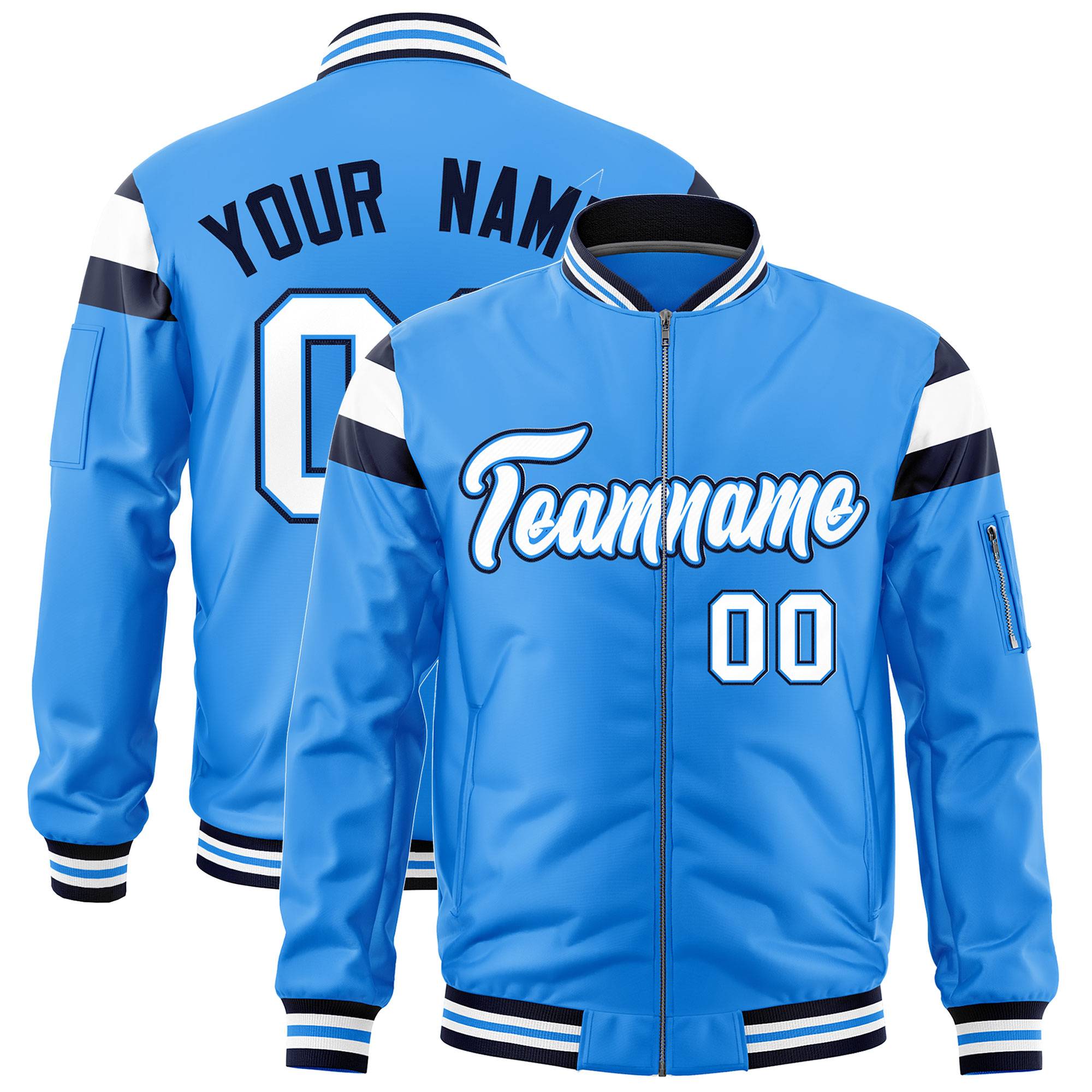 Custom Powder Blue Navy-White Varsity Full-Zip Shoulder Color Block Letterman Bomber Jacket