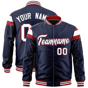 Custom Navy Red-White Varsity Full-Zip Shoulder Color Block Letterman Bomber Jacket