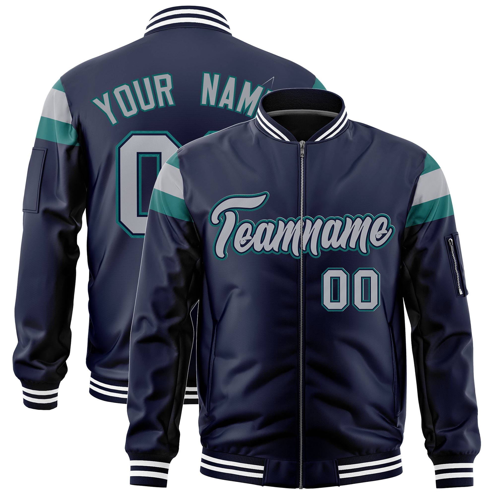 Custom Navy Aqua-Silver Varsity Full-Zip Shoulder Color Block Letterman Bomber Jacket