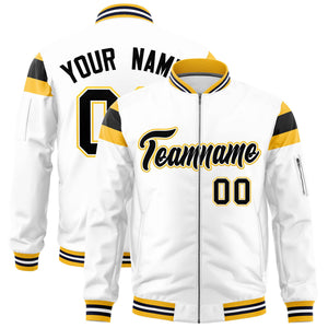 Custom White Gold-Black Varsity Full-Zip Shoulder Color Block Letterman Bomber Jacket