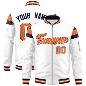 Custom White Navy-Orange Varsity Full-Zip Shoulder Color Block Letterman Bomber Jacket