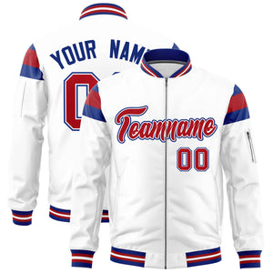 Custom White Royal-Red Varsity Full-Zip Shoulder Color Block Letterman Bomber Jacket