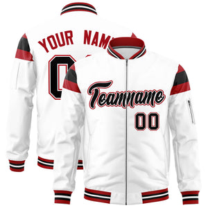 Custom White Red-Black Varsity Full-Zip Shoulder Color Block Letterman Bomber Jacket