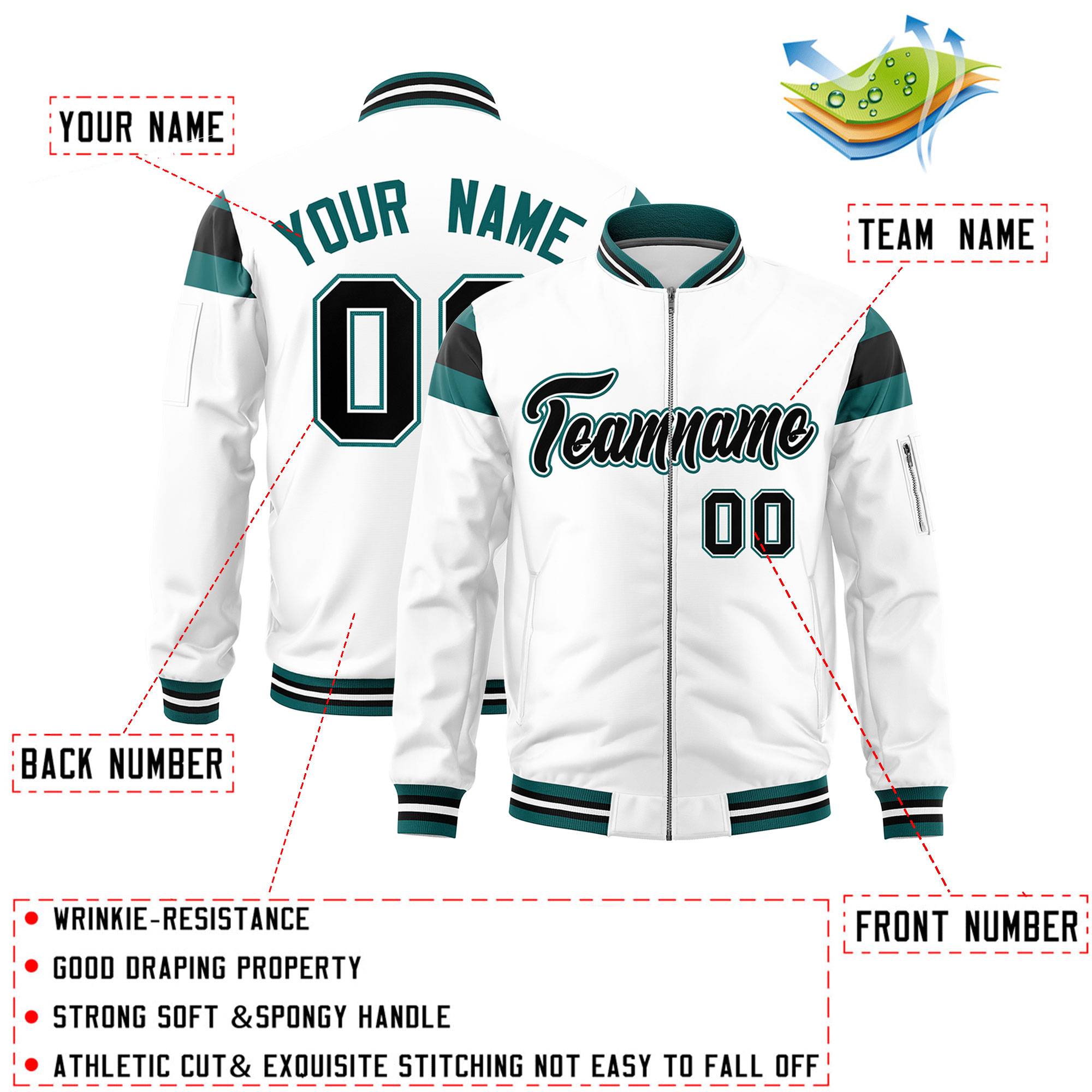 Custom White Aqua-Black Varsity Full-Zip Shoulder Color Block Letterman Bomber Jacket