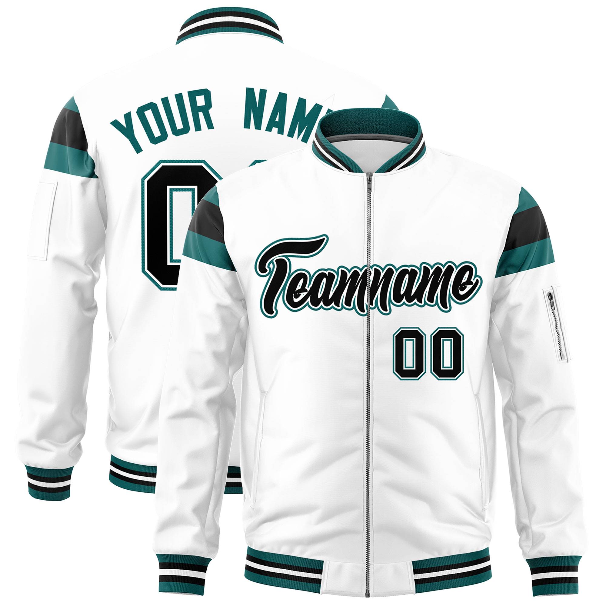 Custom White Aqua-Black Varsity Full-Zip Shoulder Color Block Letterman Bomber Jacket