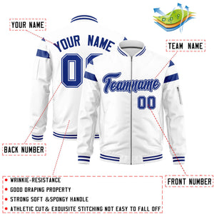 Custom White Royal Varsity Full-Zip Shoulder Color Block Letterman Bomber Jacket