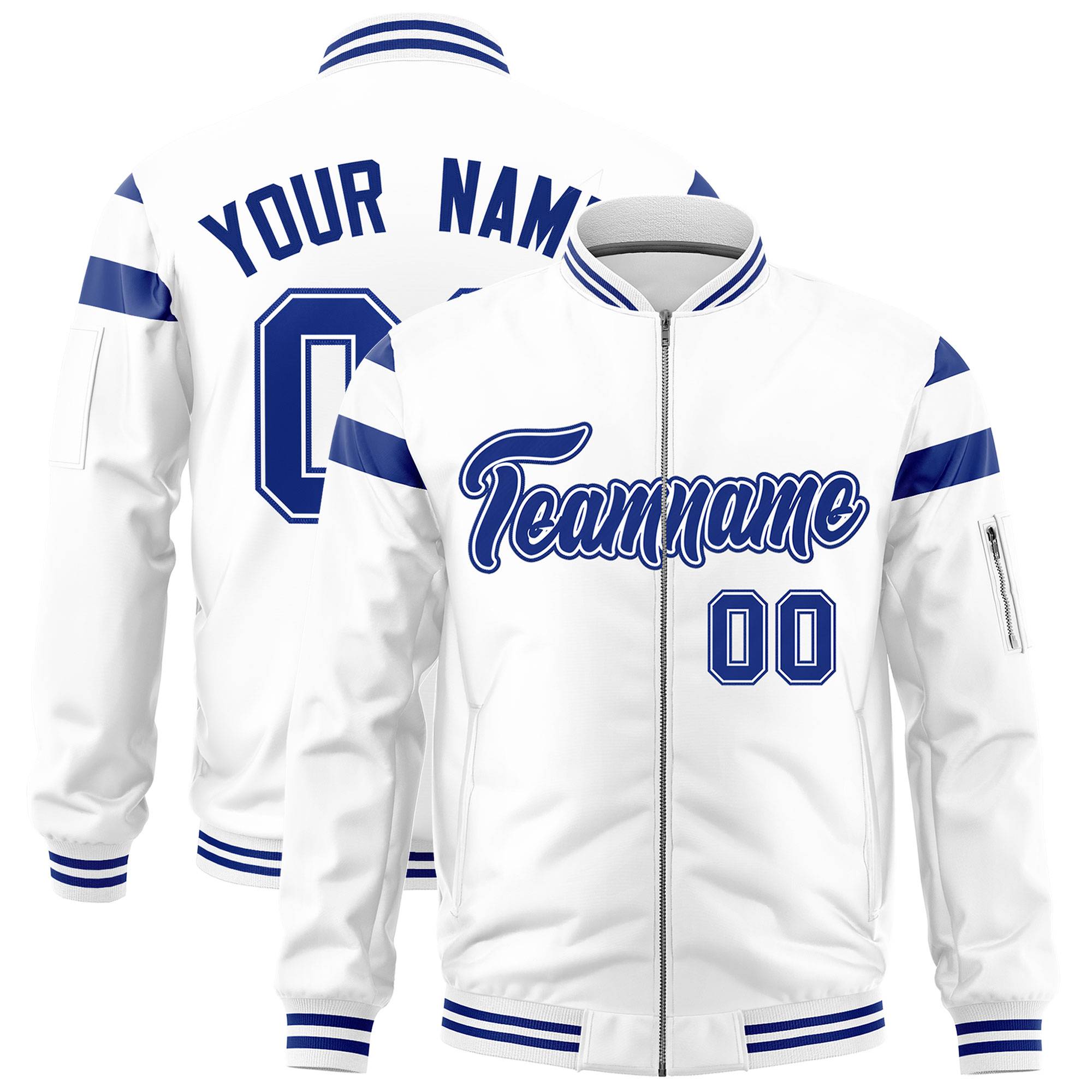 Custom White Royal Varsity Full-Zip Shoulder Color Block Letterman Bomber Jacket