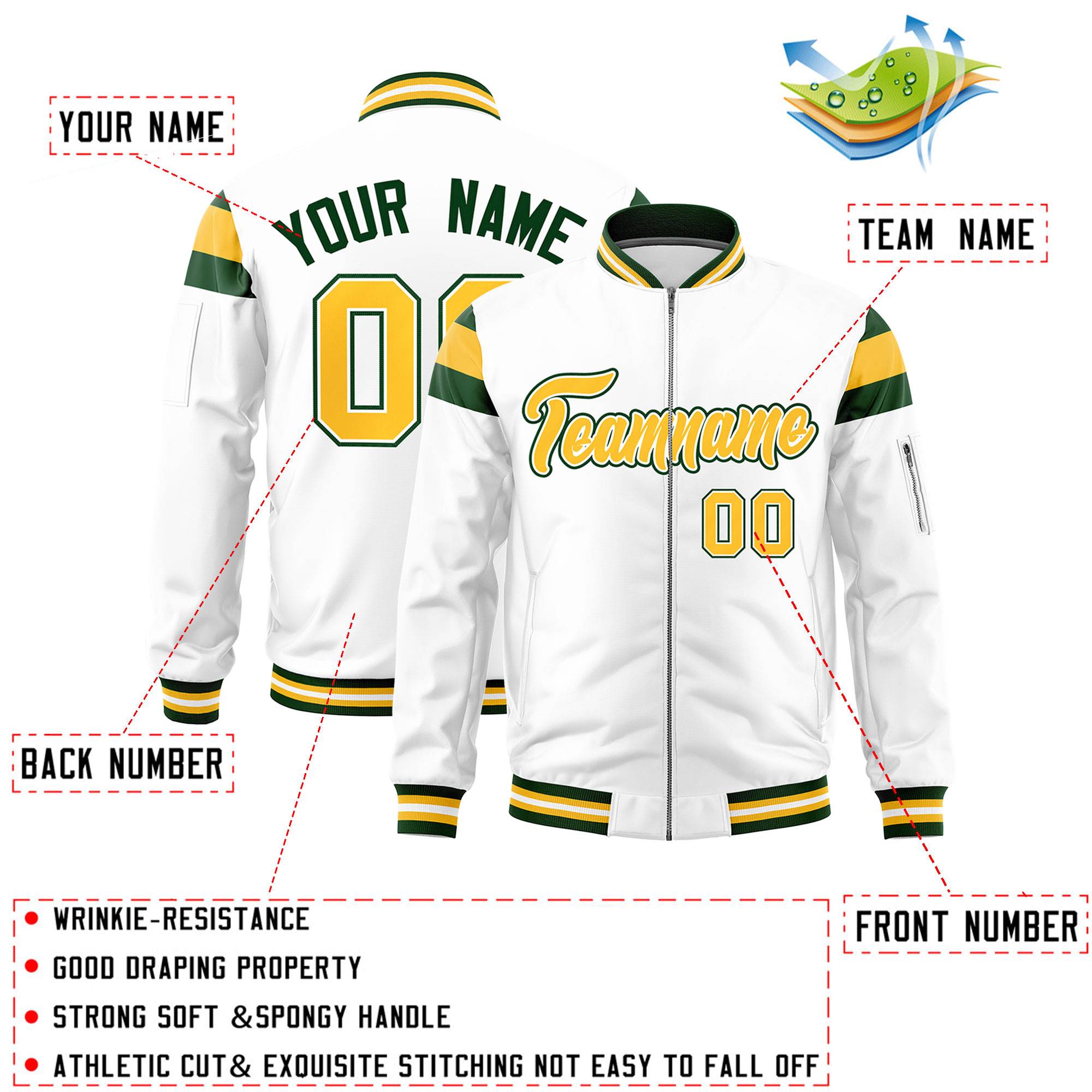 Custom White Green-Gold Varsity Full-Zip Shoulder Color Block Letterman Bomber Jacket