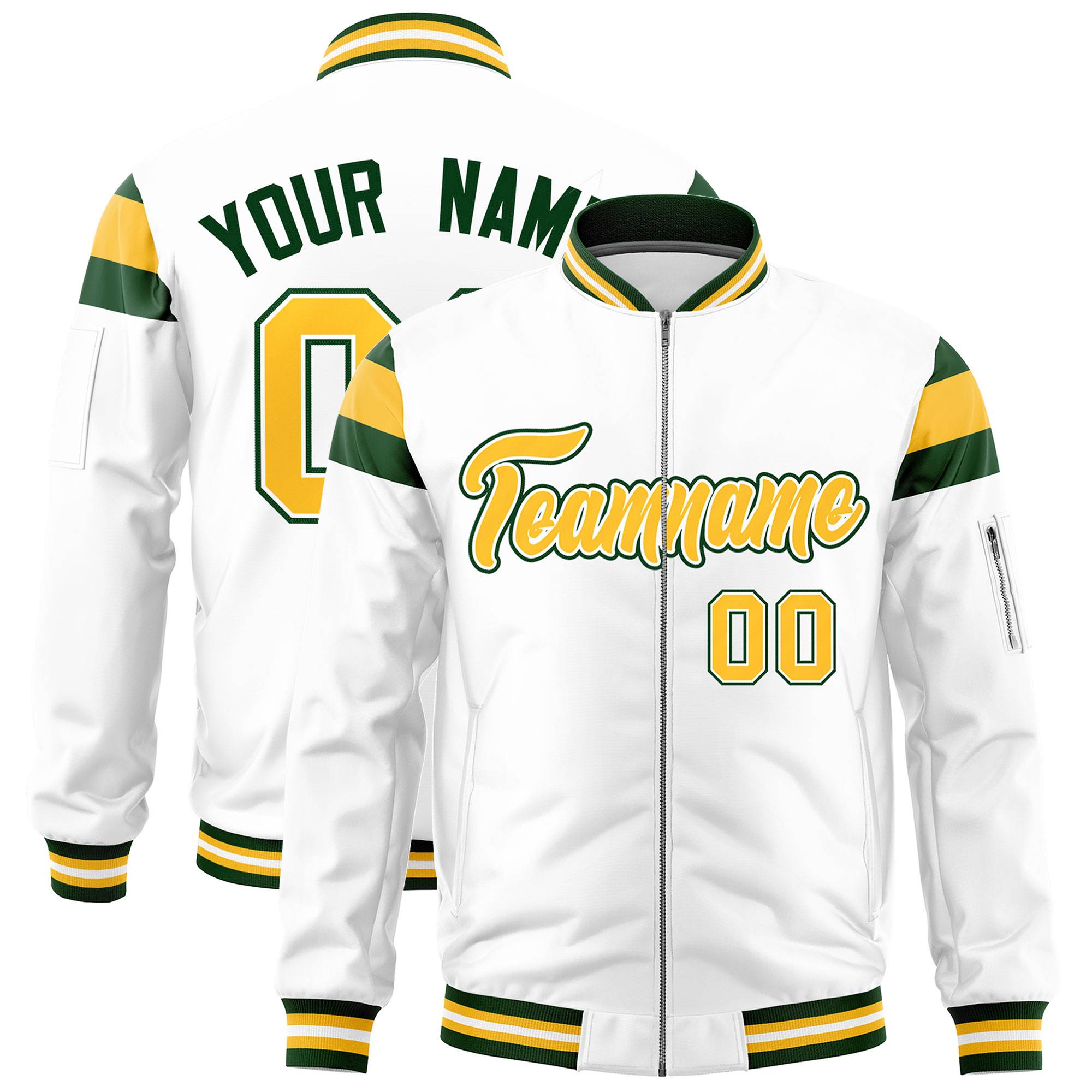 Custom White Green-Gold Varsity Full-Zip Shoulder Color Block Letterman Bomber Jacket