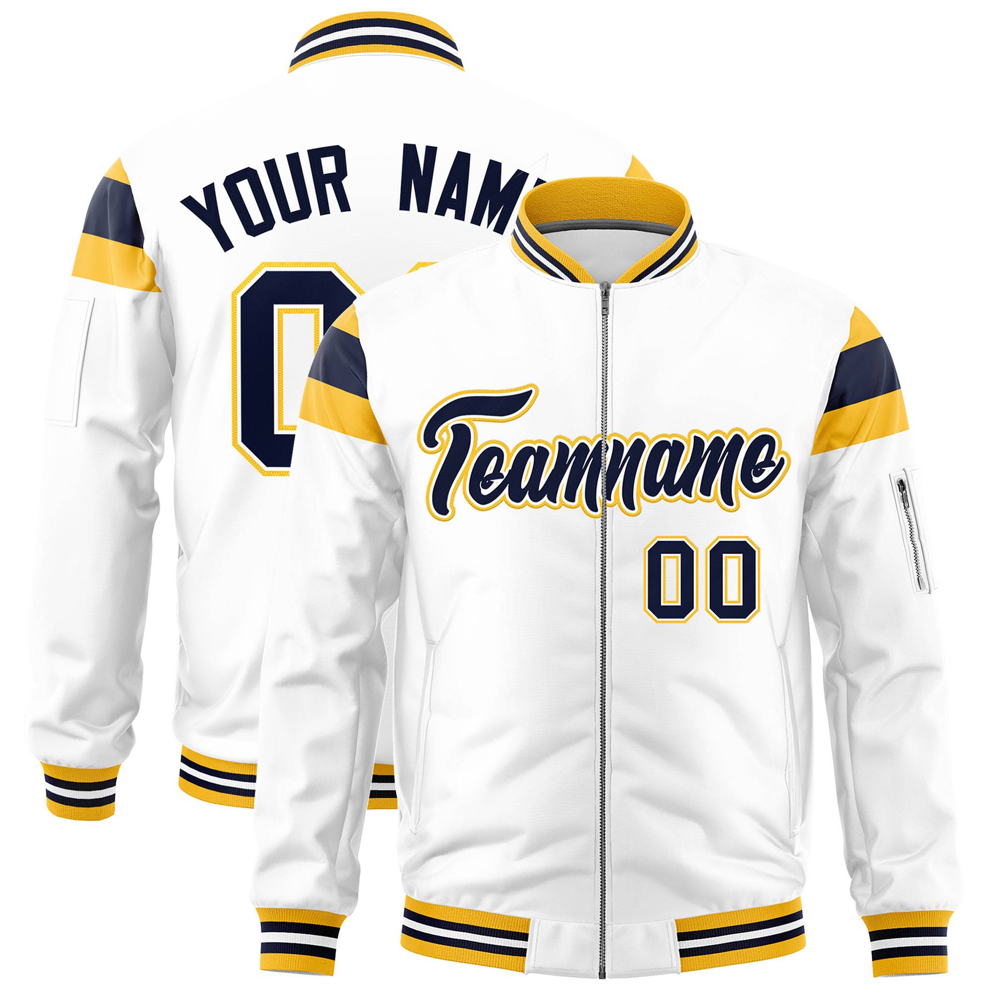 Custom White Gold-Navy Varsity Full-Zip Shoulder Color Block Letterman Bomber Jacket