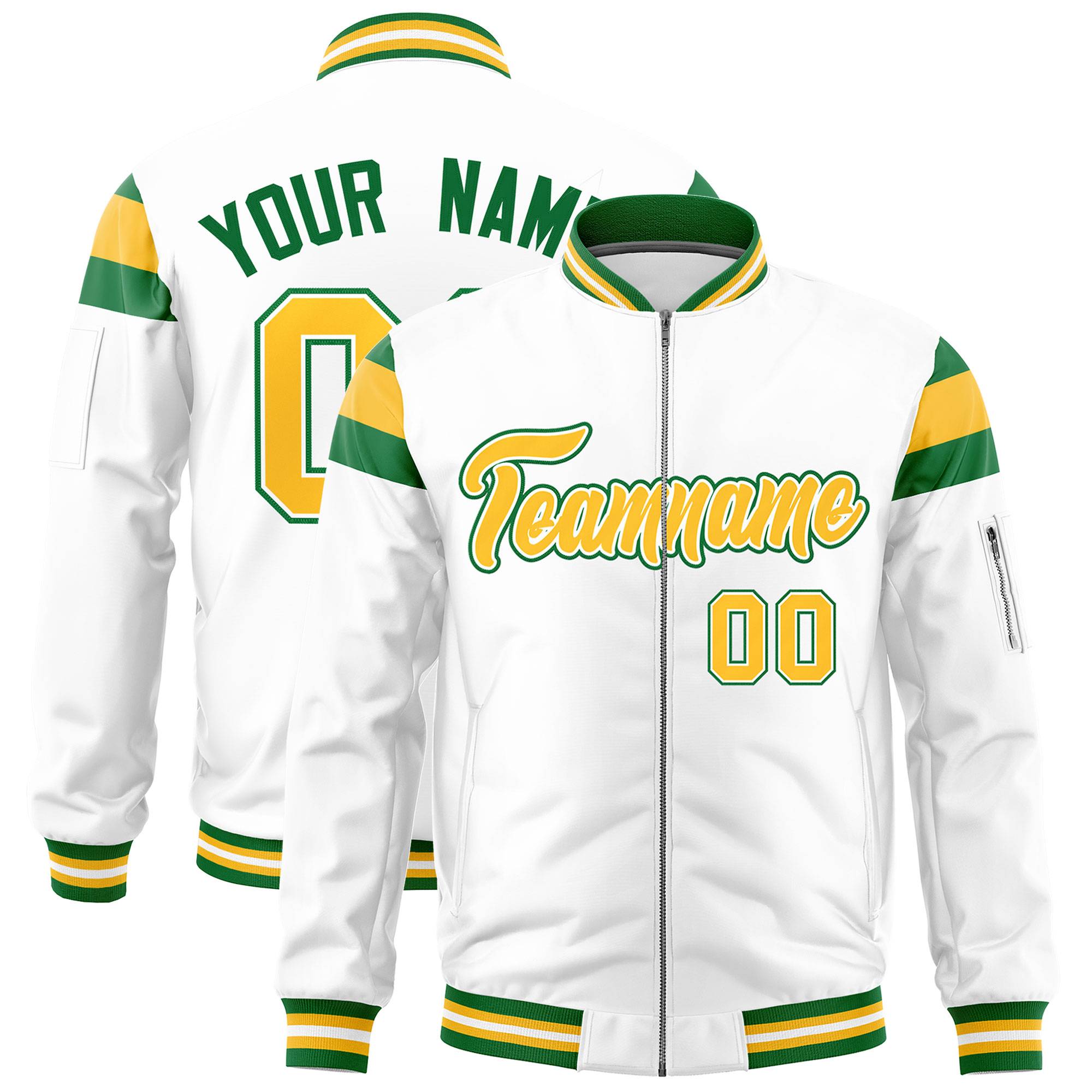 Custom White Kelly Green-Gold Varsity Full-Zip Shoulder Color Block Letterman Bomber Jacket