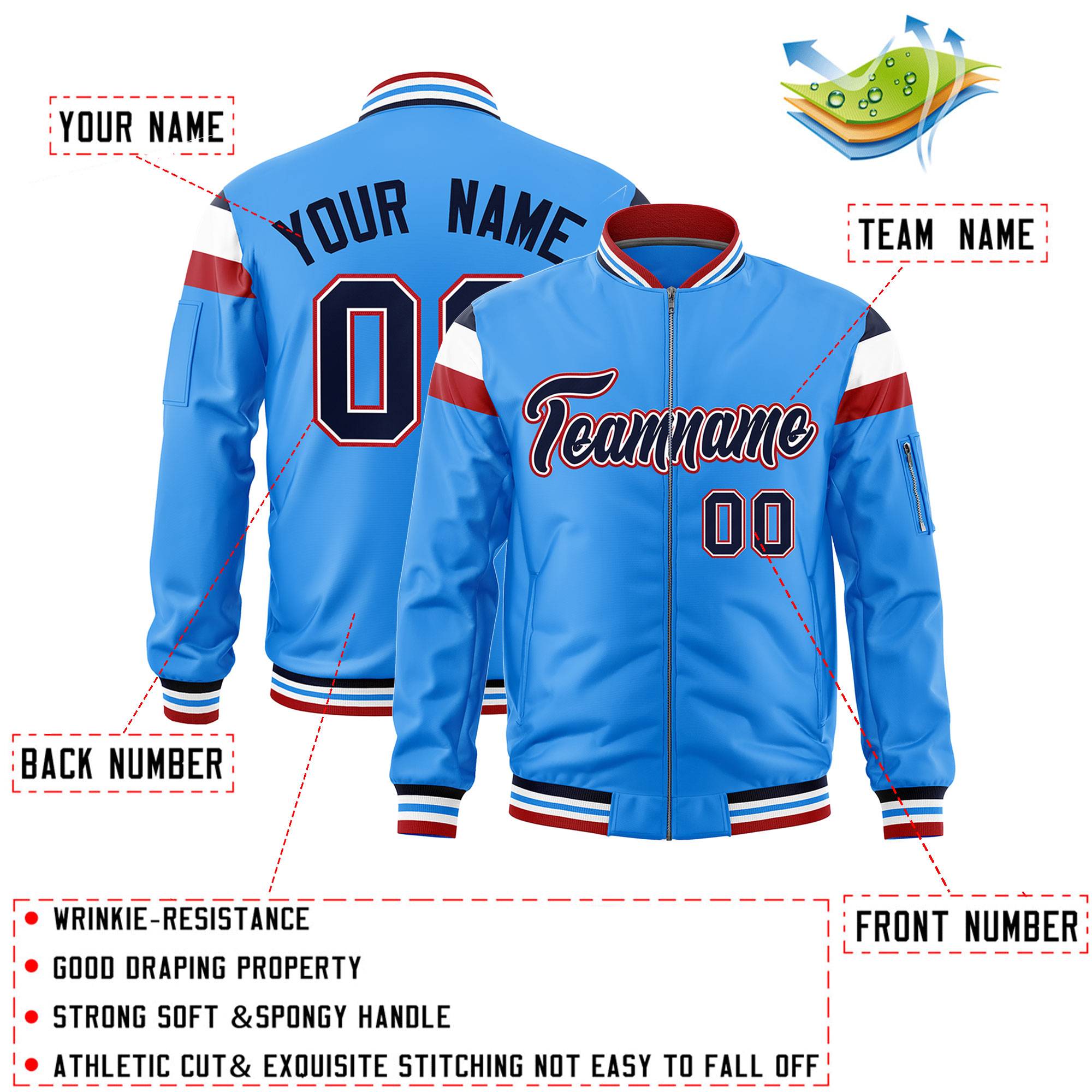 Custom Powder Blue Navy-White Varsity Full-Zip Shoulder Color Block Letterman Bomber Jacket