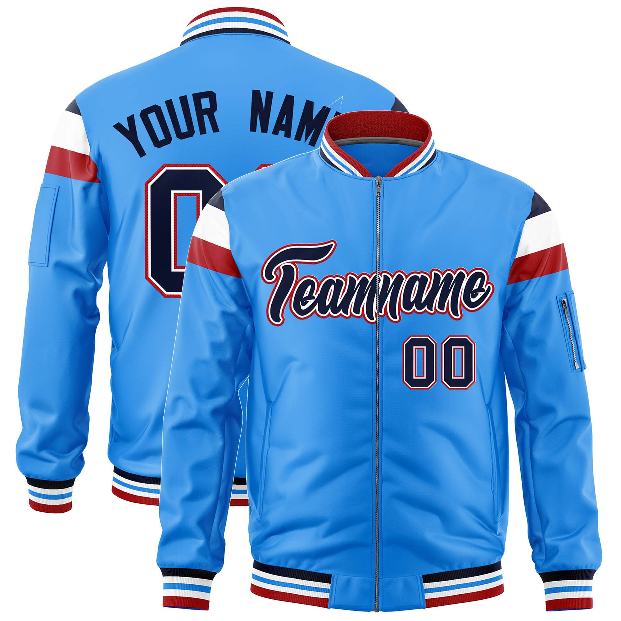 Custom Powder Blue Navy-White Varsity Full-Zip Shoulder Color Block Letterman Bomber Jacket