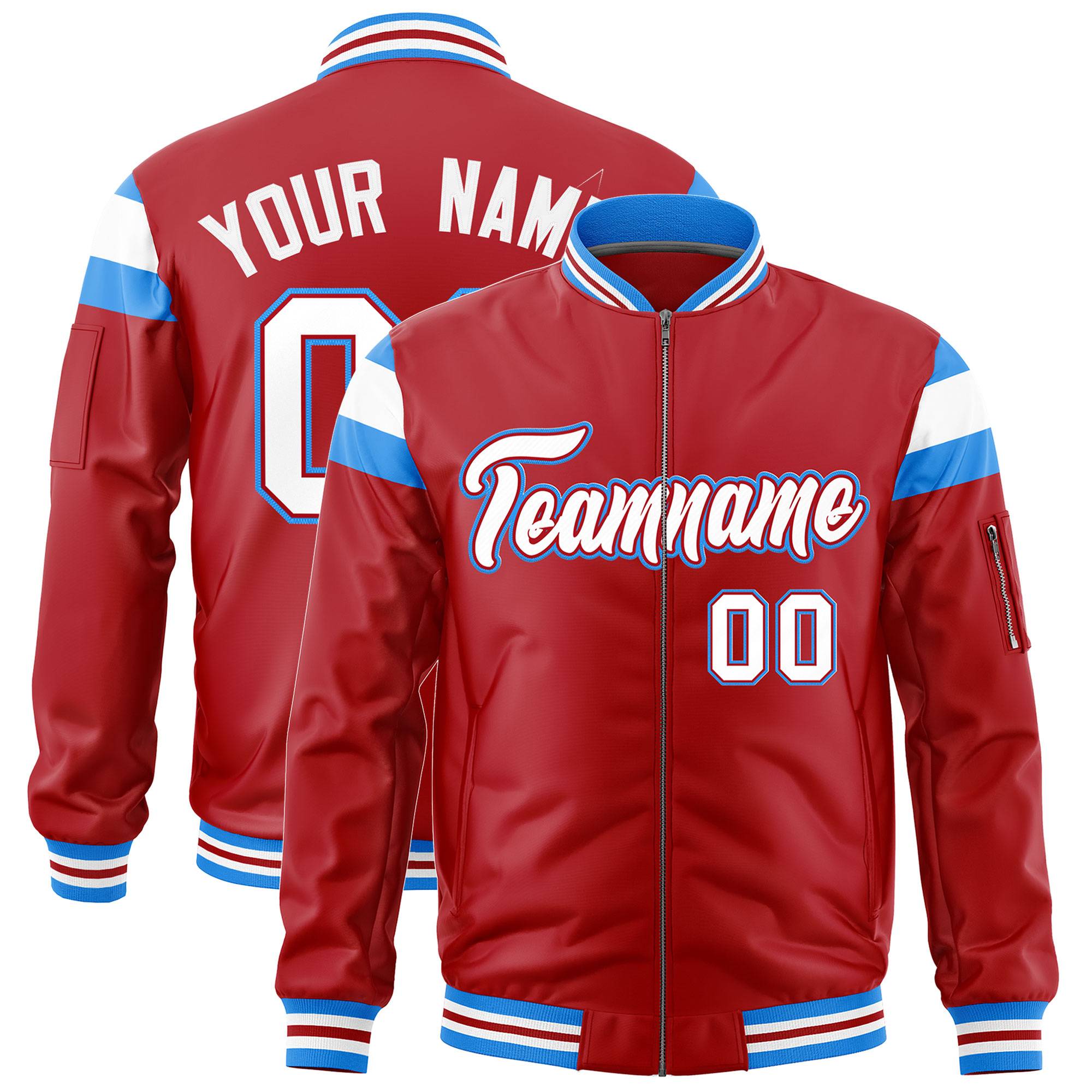 Custom Red Powder Blue-White Varsity Full-Zip Shoulder Color Block Letterman Bomber Jacket