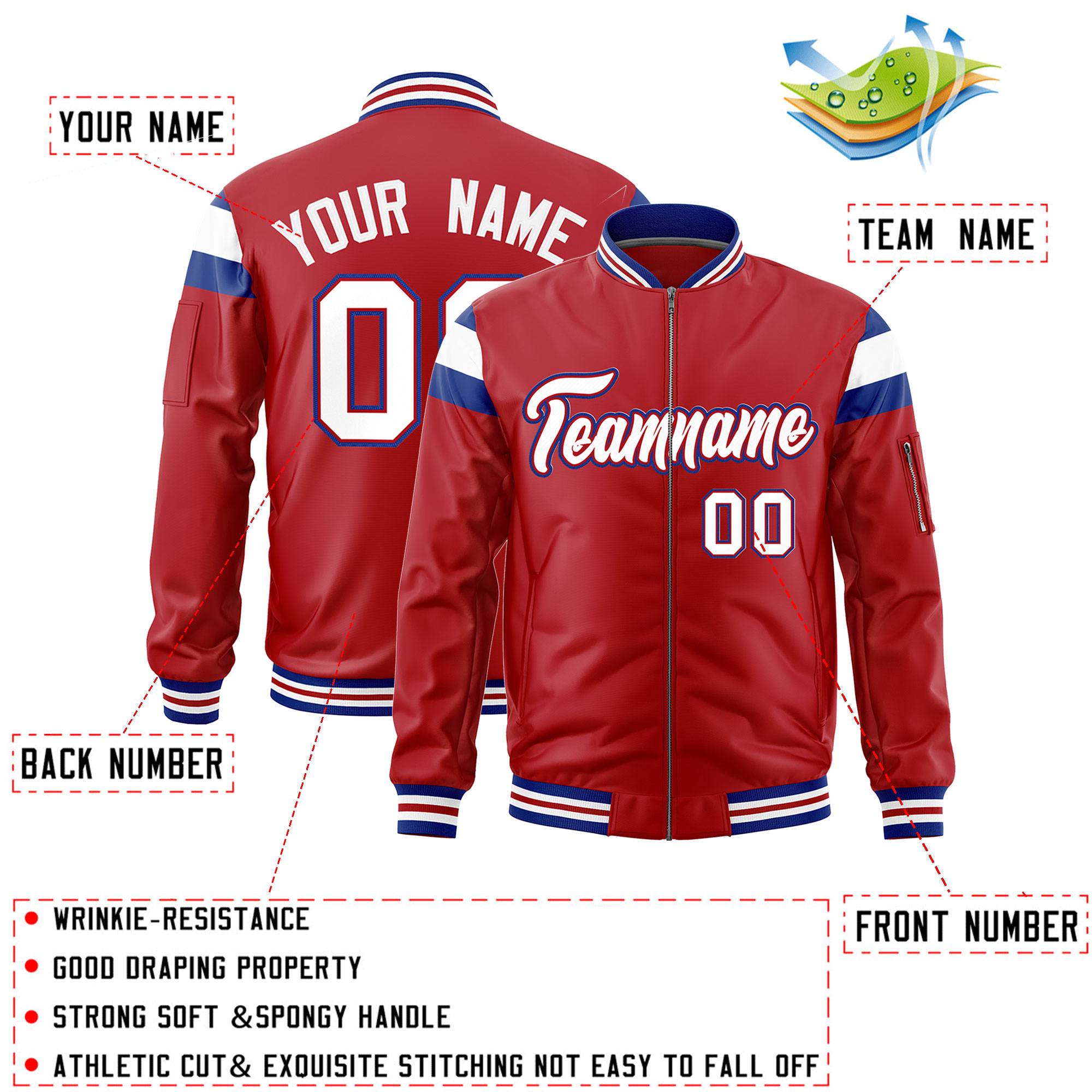 Custom Red Royal-White Varsity Full-Zip Shoulder Color Block Letterman Bomber Jacket