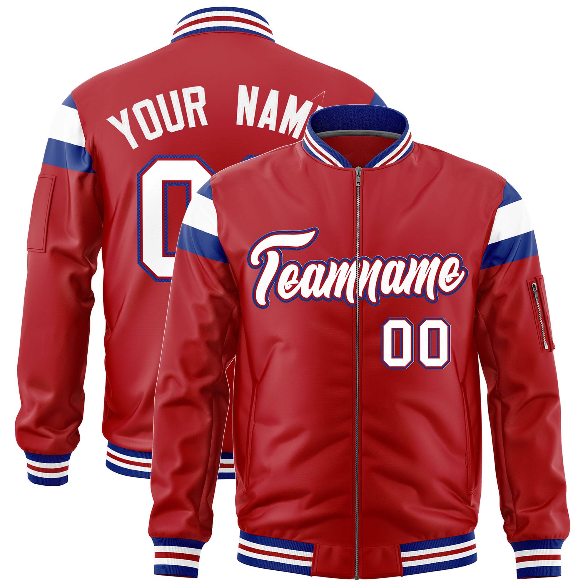 Custom Red Royal-White Varsity Full-Zip Shoulder Color Block Letterman Bomber Jacket