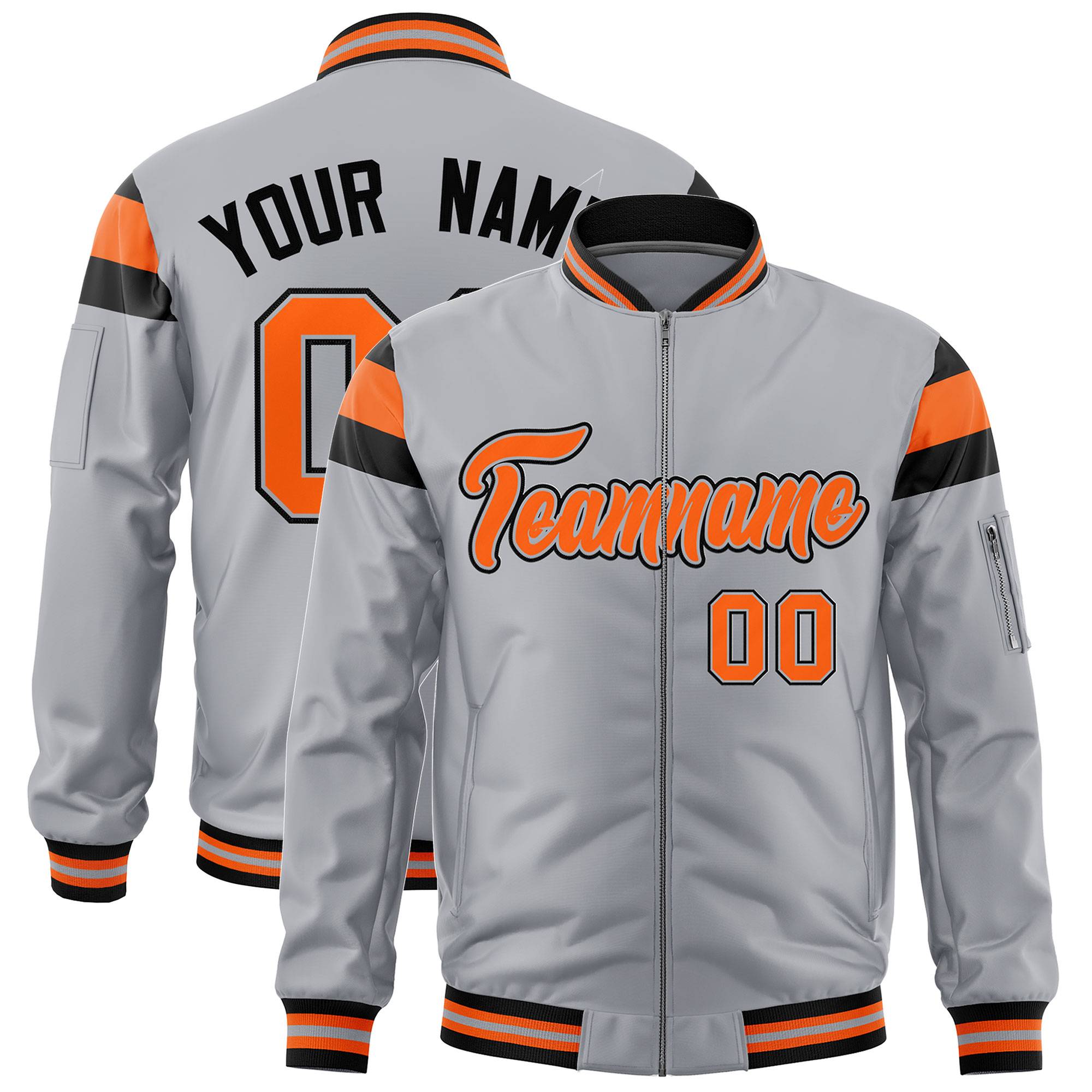 Custom Silver Black-Orange Varsity Full-Zip Shoulder Color Block Letterman Bomber Jacket