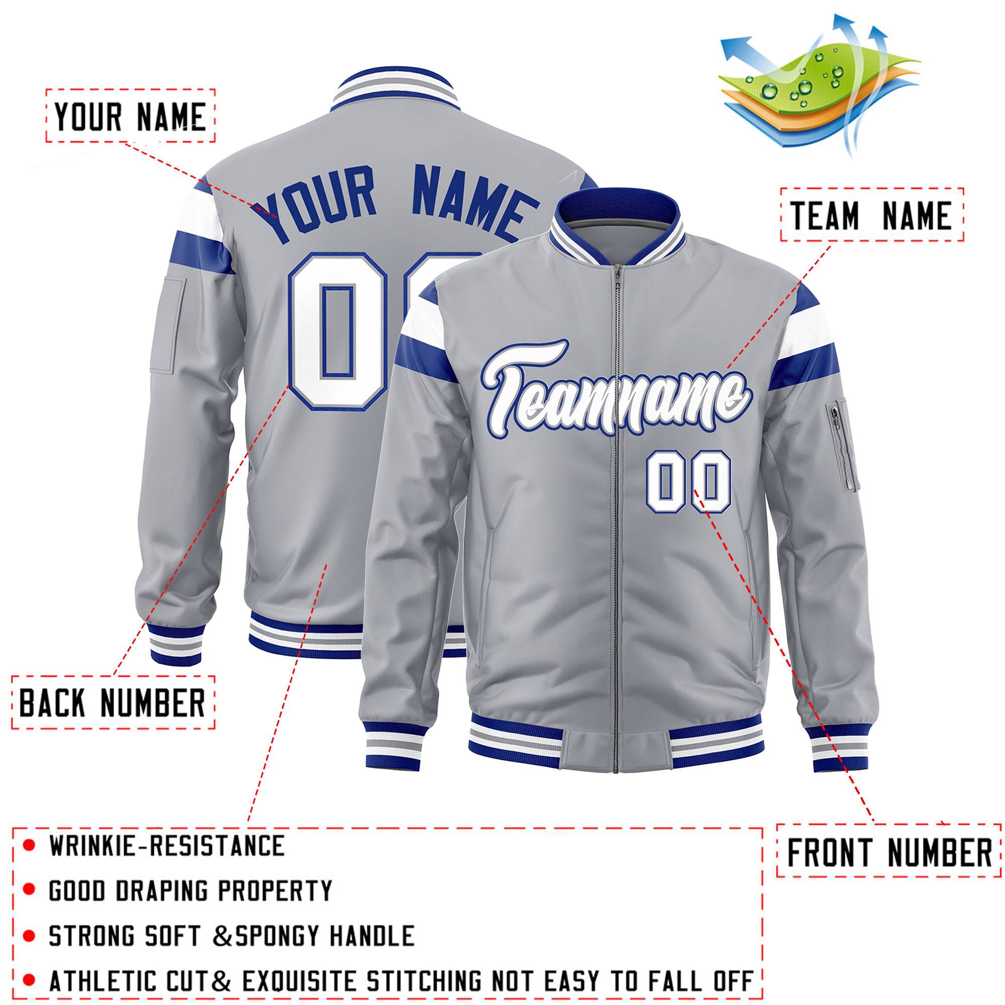 Custom Silver Royal-White Varsity Full-Zip Shoulder Color Block Letterman Bomber Jacket