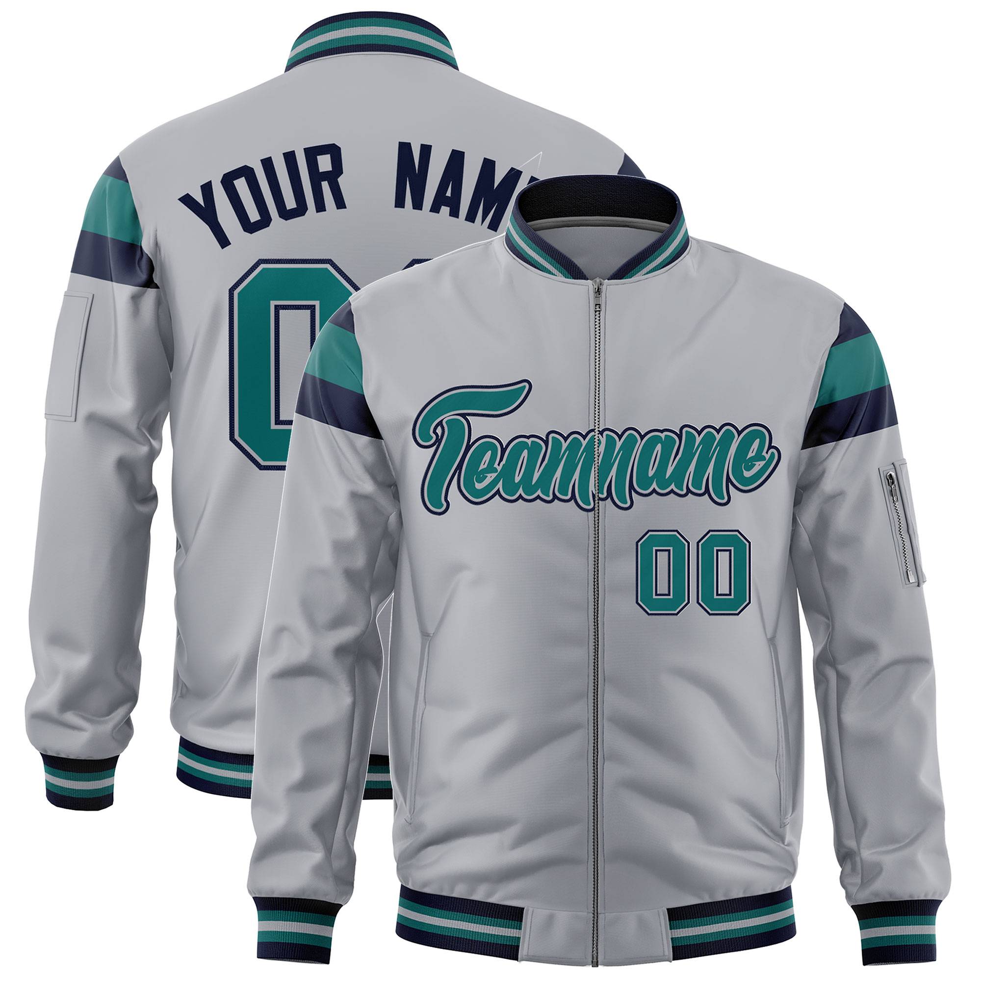 Custom Silver Navy-Aqua Varsity Full-Zip Shoulder Color Block Letterman Bomber Jacket