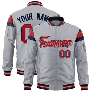 Custom Silver Navy-Red Varsity Full-Zip Shoulder Color Block Letterman Bomber Jacket