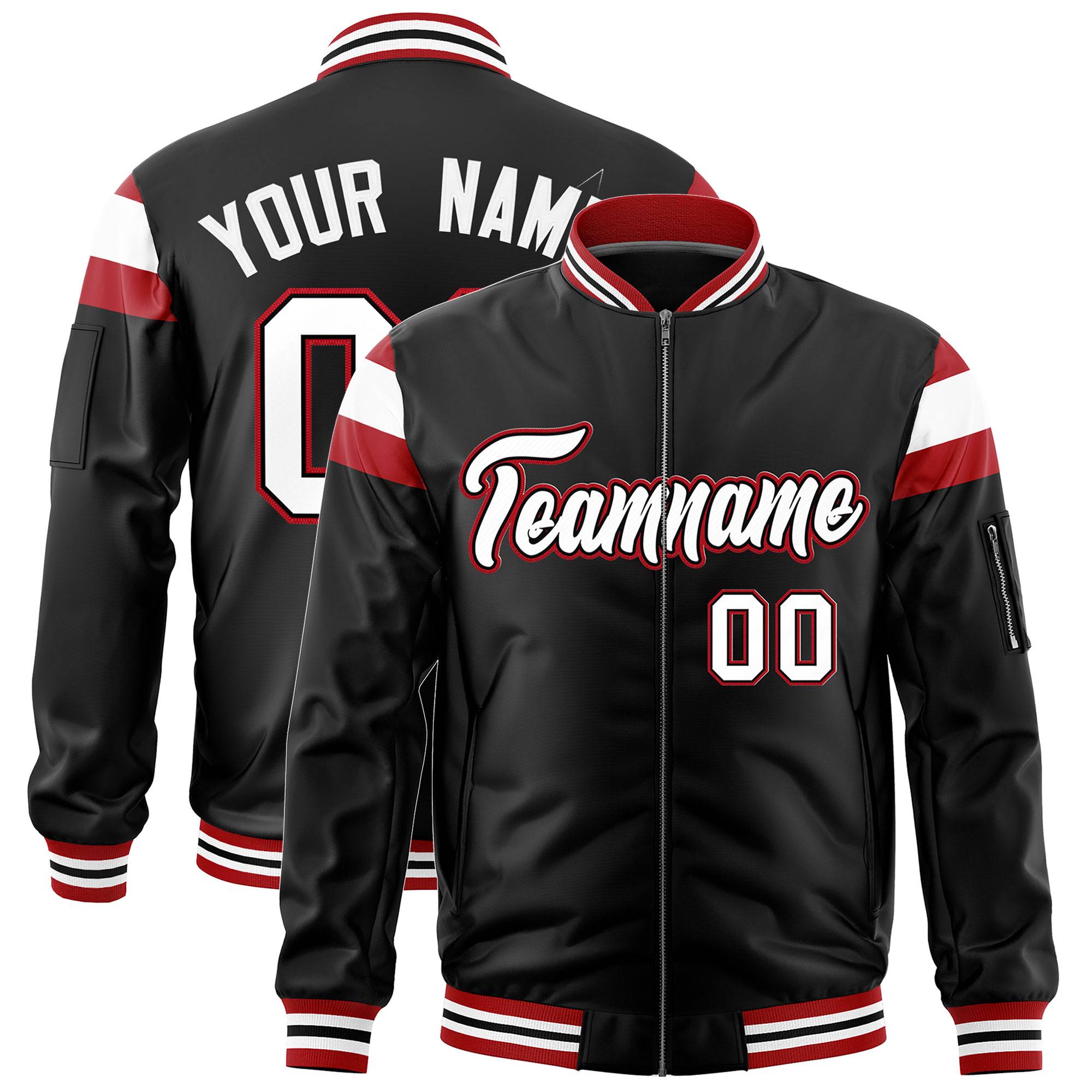 Custom Black Red-White Varsity Full-Zip Shoulder Color Block Letterman Bomber Jacket