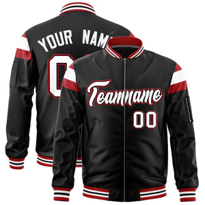 Custom Black Red-White Varsity Full-Zip Shoulder Color Block Letterman Bomber Jacket