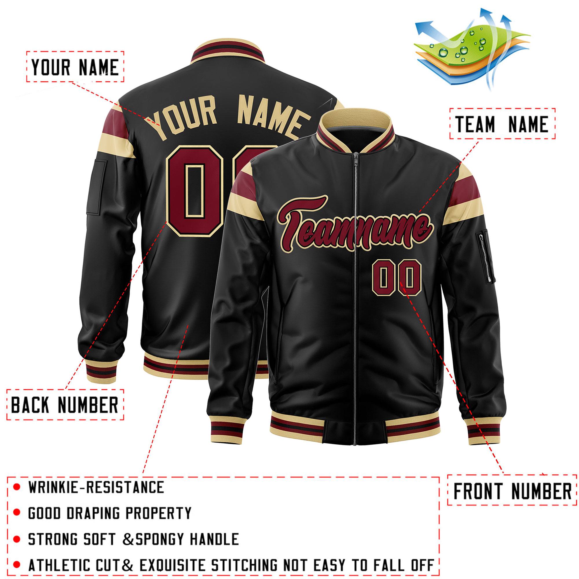 Custom Black Khaki-Crimson Varsity Full-Zip Shoulder Color Block Letterman Bomber Jacket