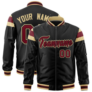 Custom Black Khaki-Crimson Varsity Full-Zip Shoulder Color Block Letterman Bomber Jacket