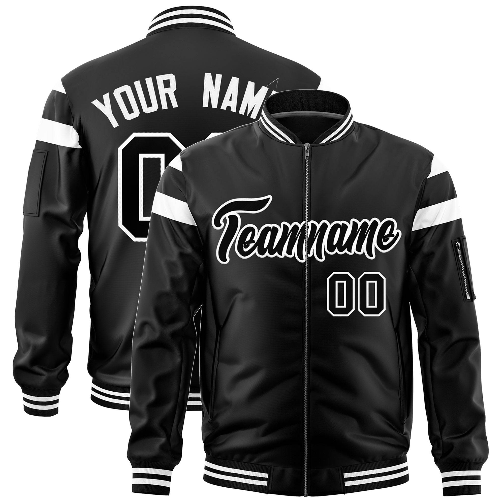 Custom Black White Varsity Full-Zip Shoulder Color Block Letterman Bomber Jacket