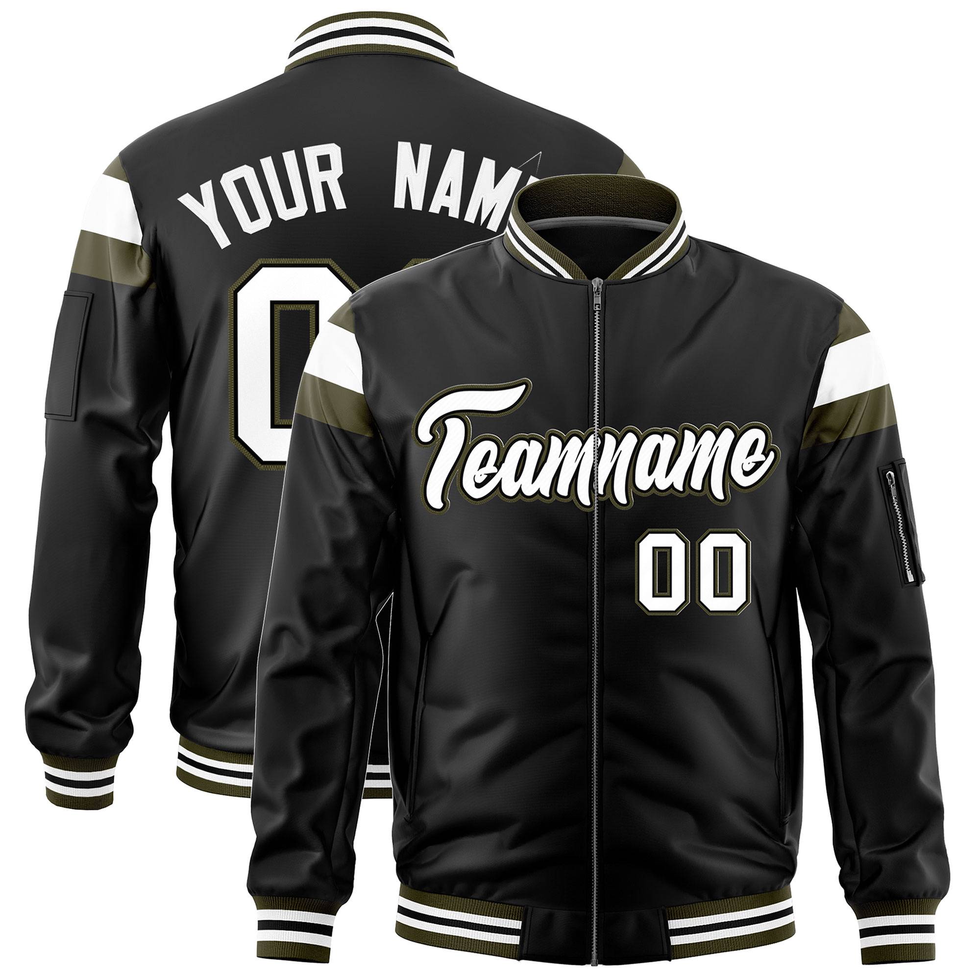 Custom Black Olive-White Varsity Full-Zip Shoulder Color Block Letterman Bomber Jacket